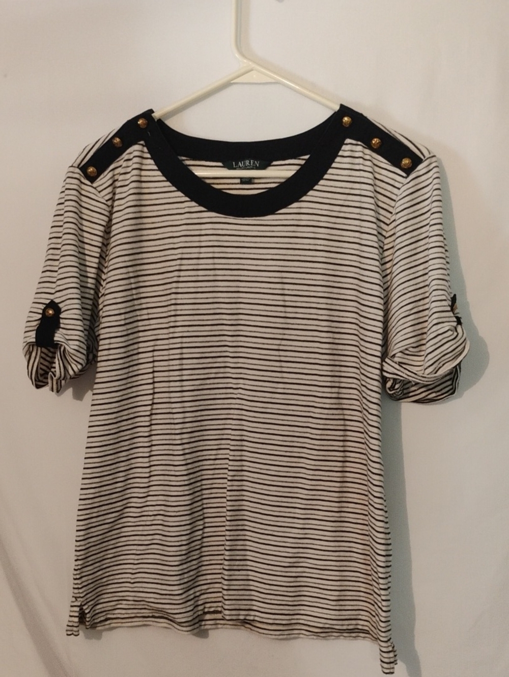 Lauren Ralph Lauren Black & White Striped Short-Sleeve Top with Gold Buttons